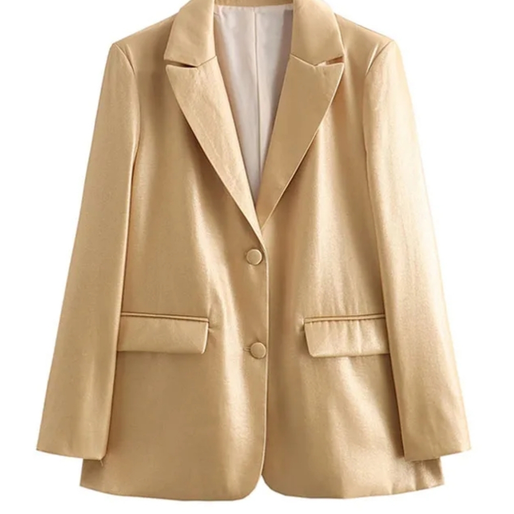 Blazer Tops Gold Turn-Down Collar Long Sleeves Pockets Single Breasted Female - Picture 6 of 9